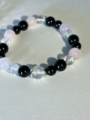 Handmade obsidian rose quartz and clear quartz bracelet for calm and emotional balance
