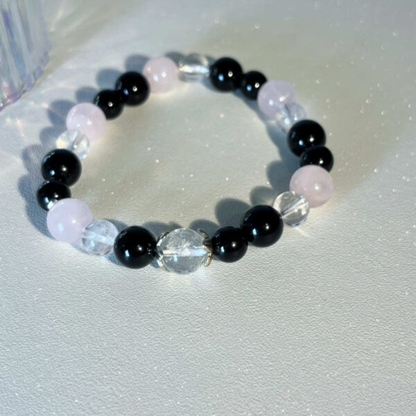Handmade obsidian rose quartz and clear quartz bracelet for calm and emotional balance